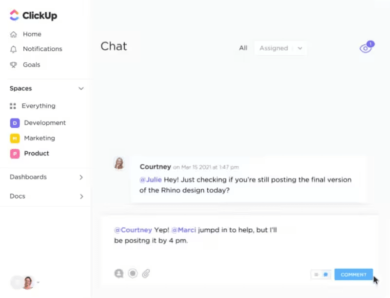 Internal chat feature within the ClickUp dashboard