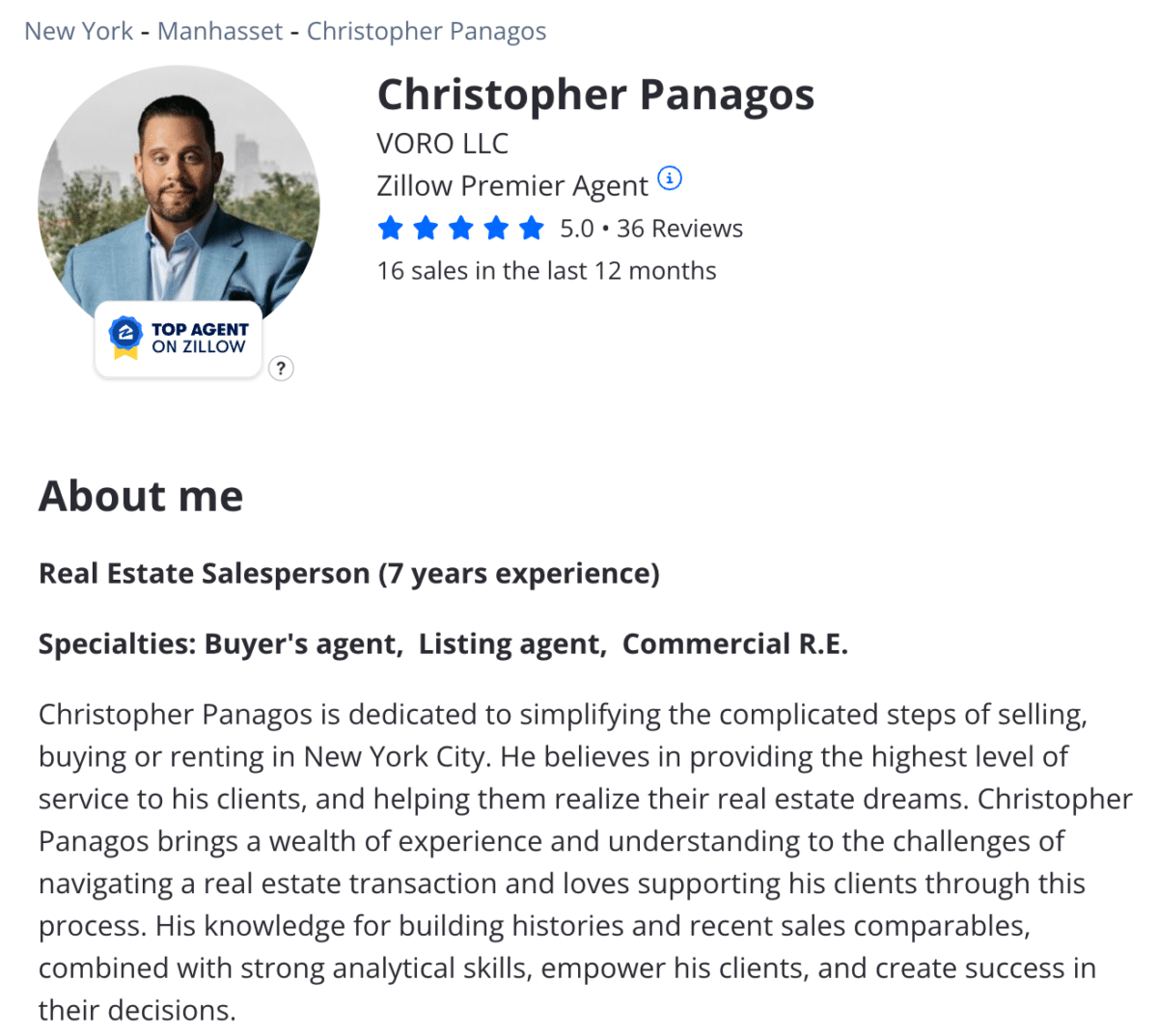 Christopher Panagos' Zillow profile; an example of a Zillow Premier Agent