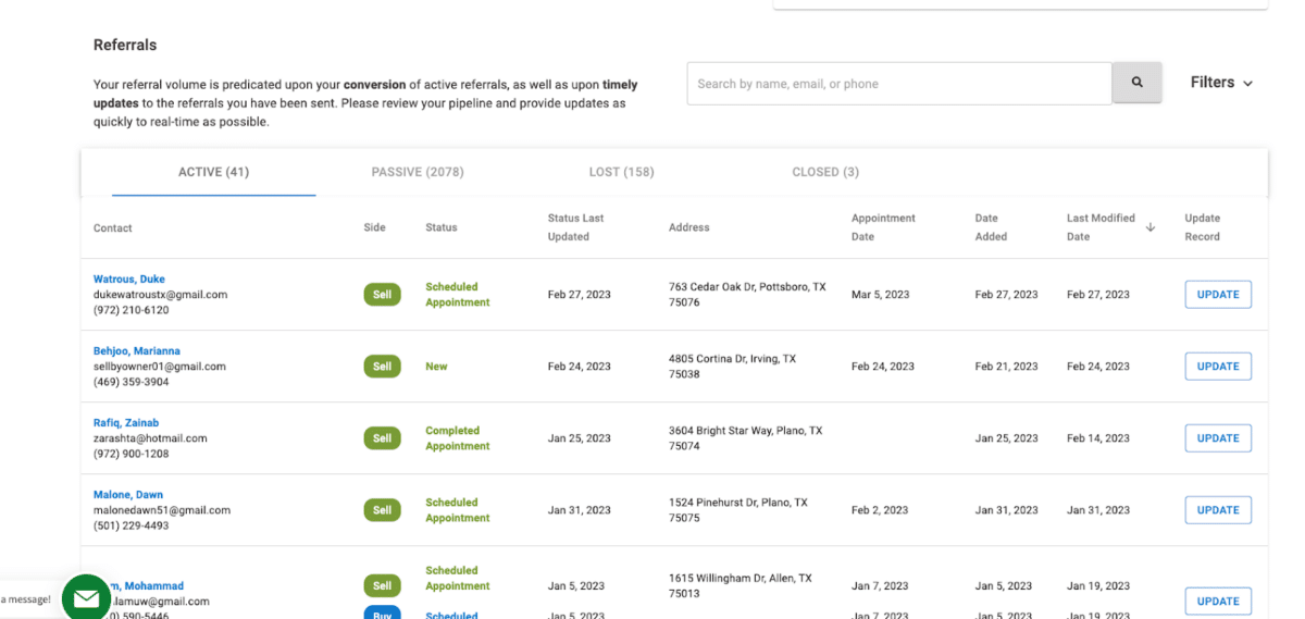 Screenshot of an agent's history of referrals on Sold.com