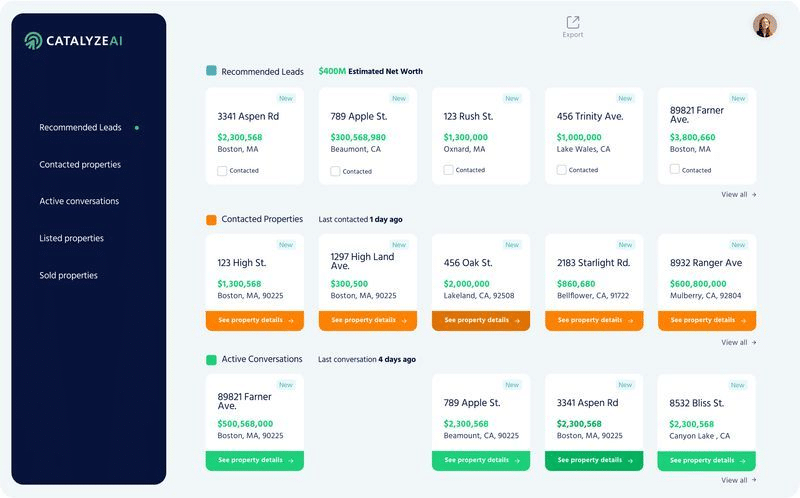 Catalyze AI Recommended Leads dashboard